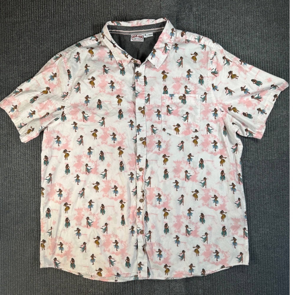 Ron Jon Surf Shop Mens XL Hula Girl Tie Dye Button Down Shirt Pink White Cotton
